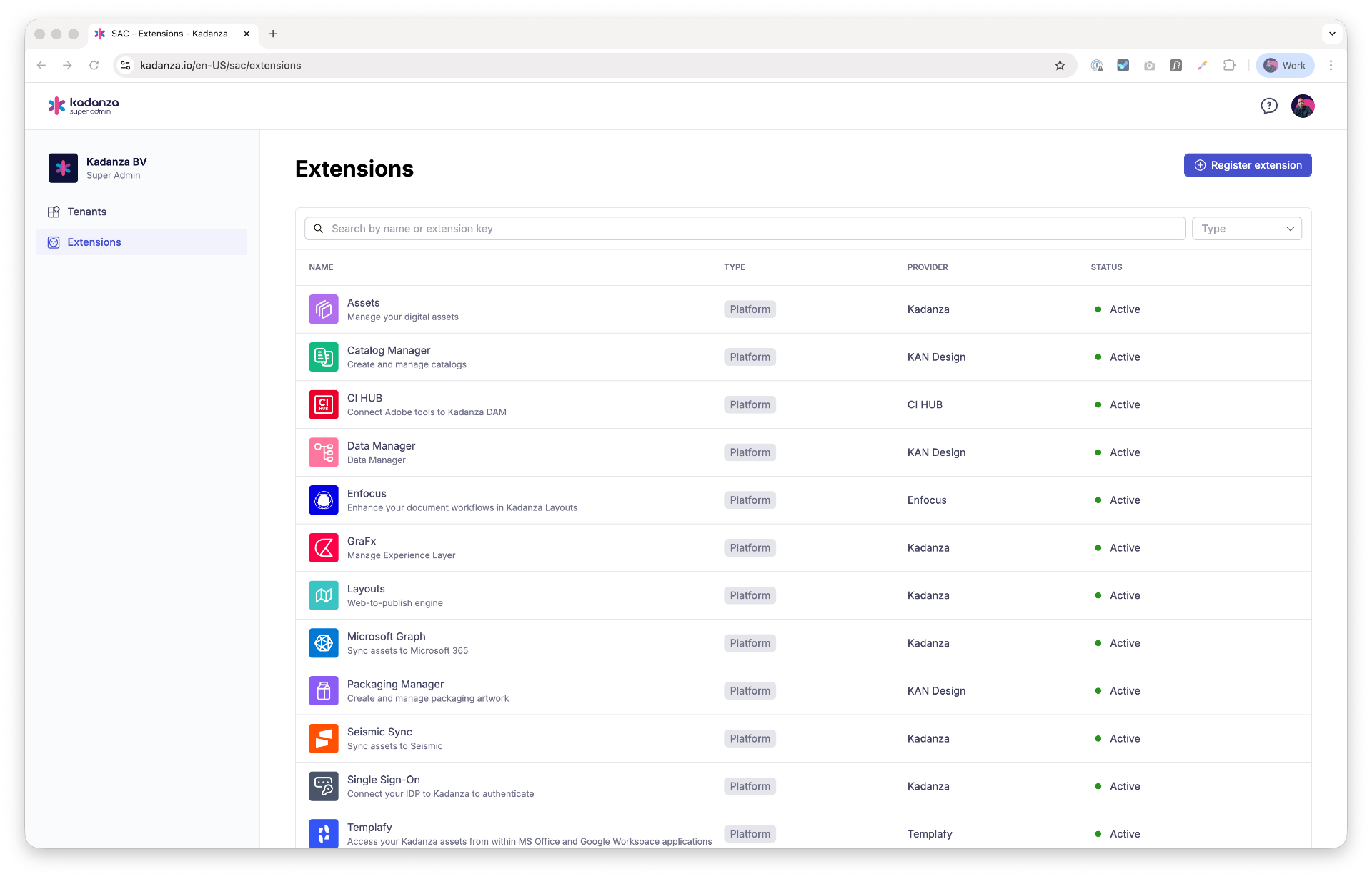 Kadanza Extension Framework registry showing platform extensions like Assets, GraFx, Layouts, CI HUB, and Templafy